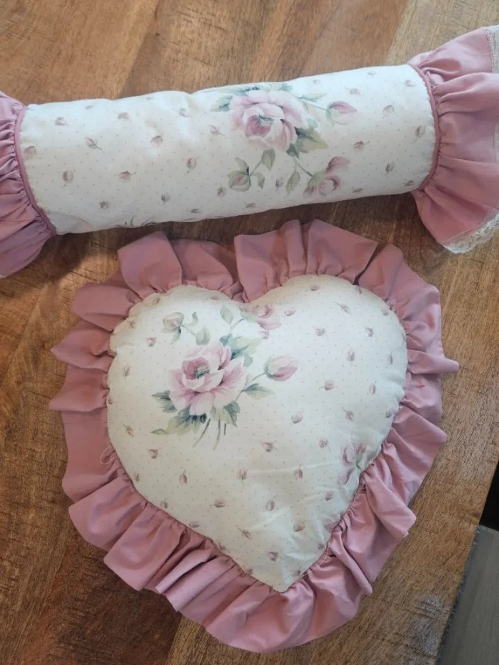 Vintage Shabby Chic Rose Floral Heart Bolster Pillow Set Mauve Ruffle Lace Trim